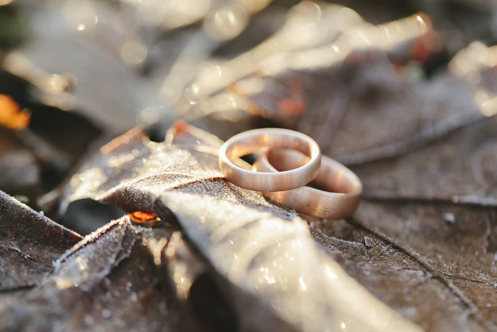 Hochzeitsfotoidee Trauringe: Die Eheringe liegen auf einem gefrorenen Blatt | Foto: Hanna Witte